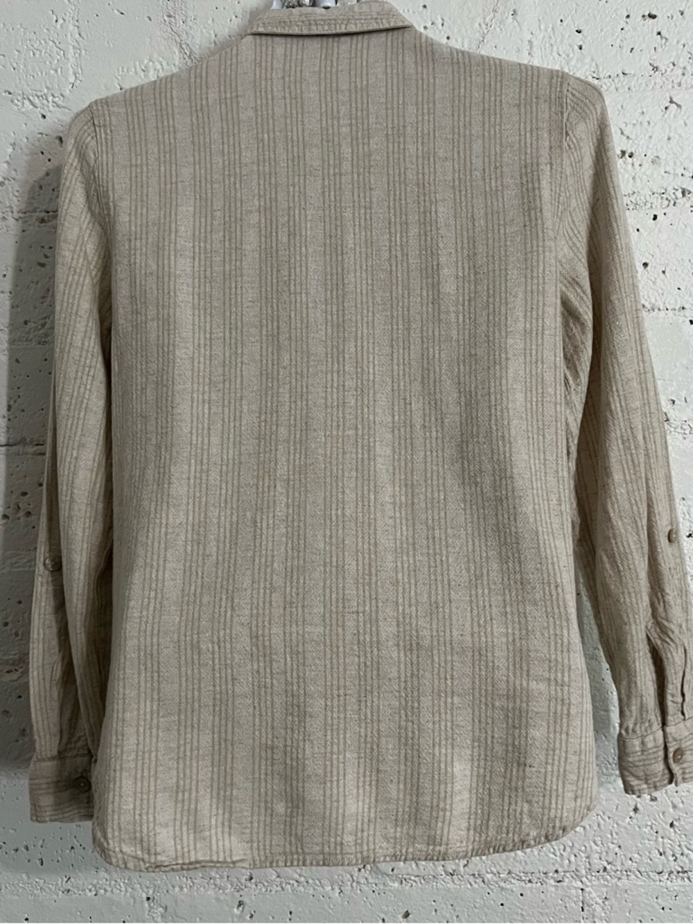 Orvis Womens Button Front Top S Tan Linen Rayon Blend Tab Sleeve Collared BT7 - Picture 5 of 8